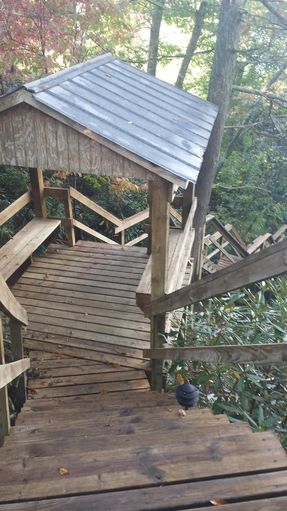 Metal roofed shelter over wooden steps on a wooded walkway — Skylight Repair & Installation work by our crew in Rocky Mount
